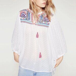 ZARA White Embroidered Embellished Boho Tunic Semi Sheer Plumetis Blouse Sz S